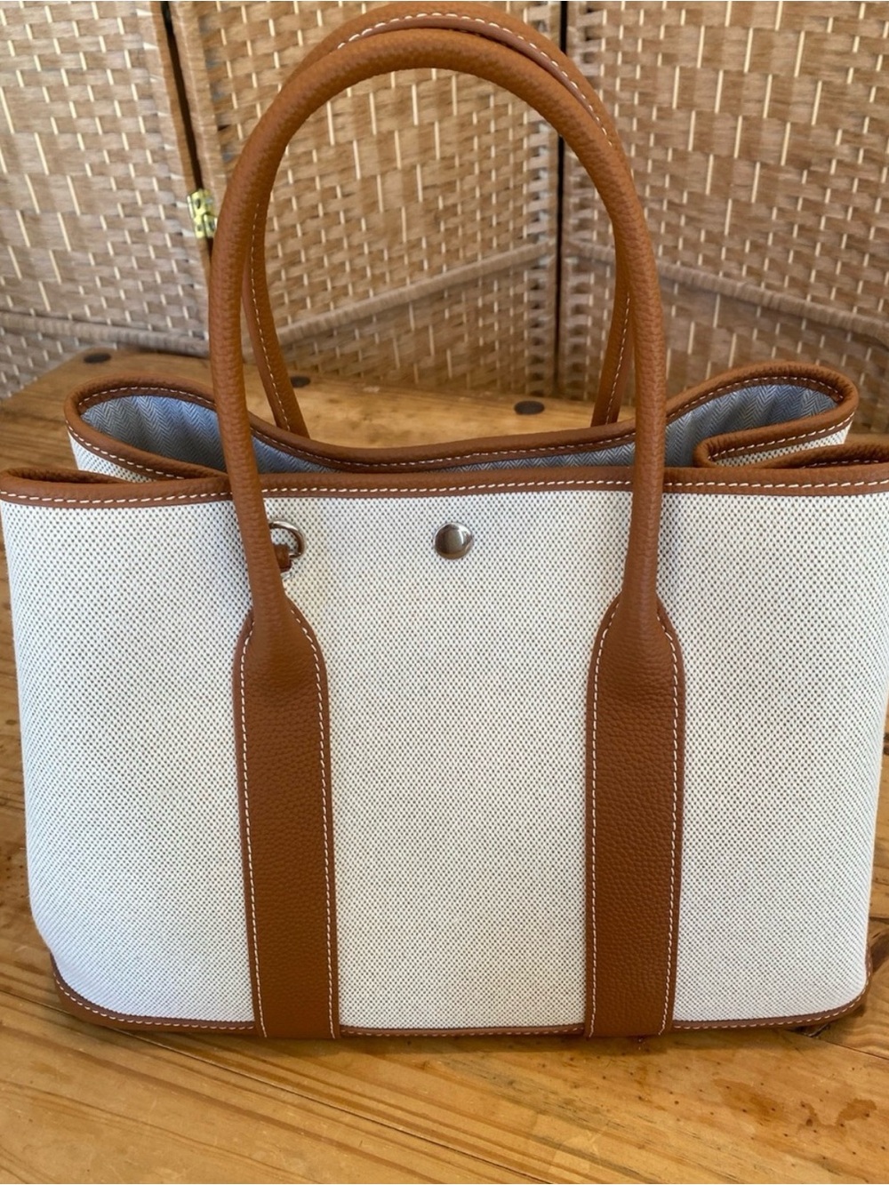 Cream Canvas Tote with Tan Leather Trim